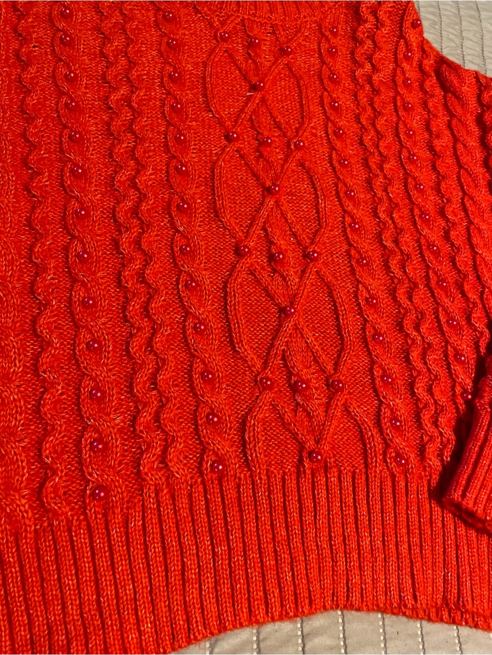 Crown & Ivy Red Cable Knit Pearl Beaded Sweater Small Mock Neck Cozy Winter - Picture 3 of 4